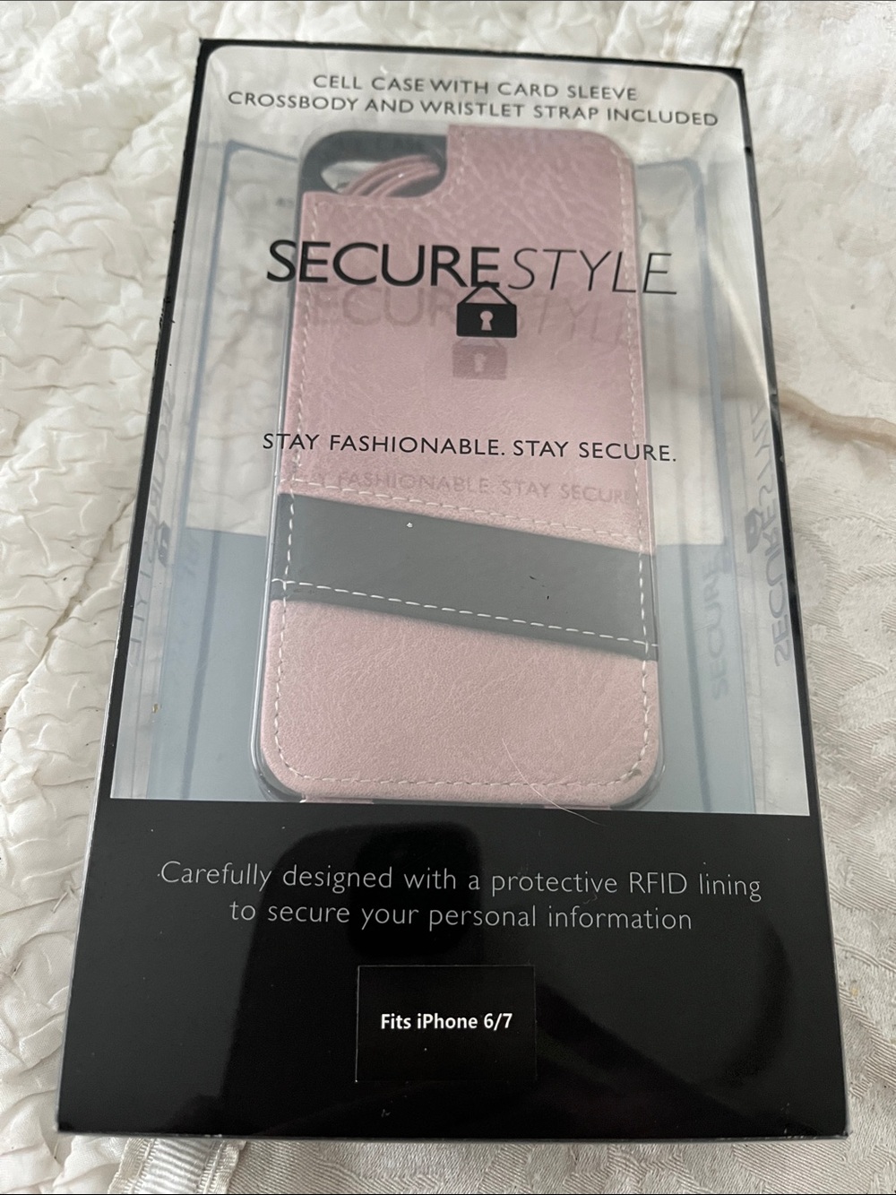 RFID Phone Case with Card Sleeve and Strap - Pink/Black - Fits iPhone 6/7